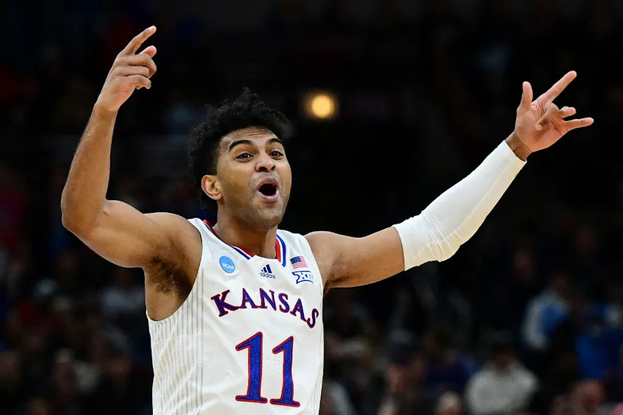 Remy Martin #11 of the Kansas Jayhawks celebrates as we break down the March Madness MVP odds.