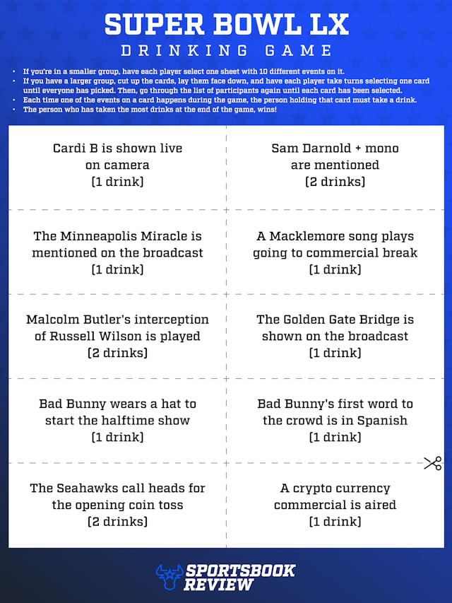 Super Bowl Drinking Game 2026 | Free Printable Super Bowl 60 Game Cards for Seahawks vs. Patriots
