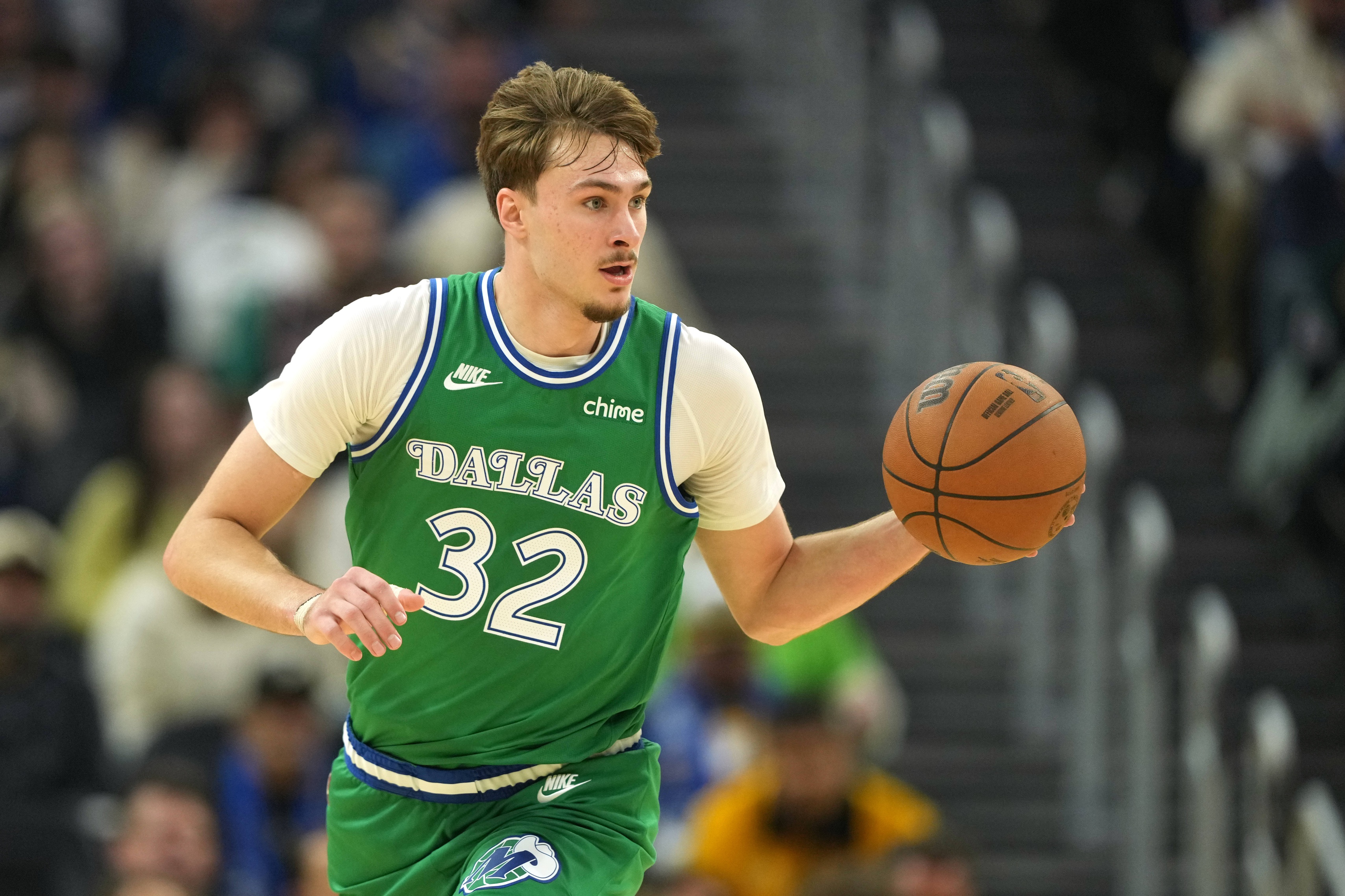 Dallas Mavericks forward Cooper Flagg (32), seen here during a game, is featured in our 76ers vs. Mavericks player props.