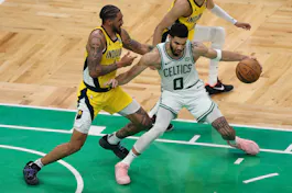Obi Toppin of the Indiana Pacers defends against Jayson Tatum of the Boston Celtics during Game 1 of the Eastern Conference Finals. We're breaking down the Jayson Tatum odds ahead of Game 2.