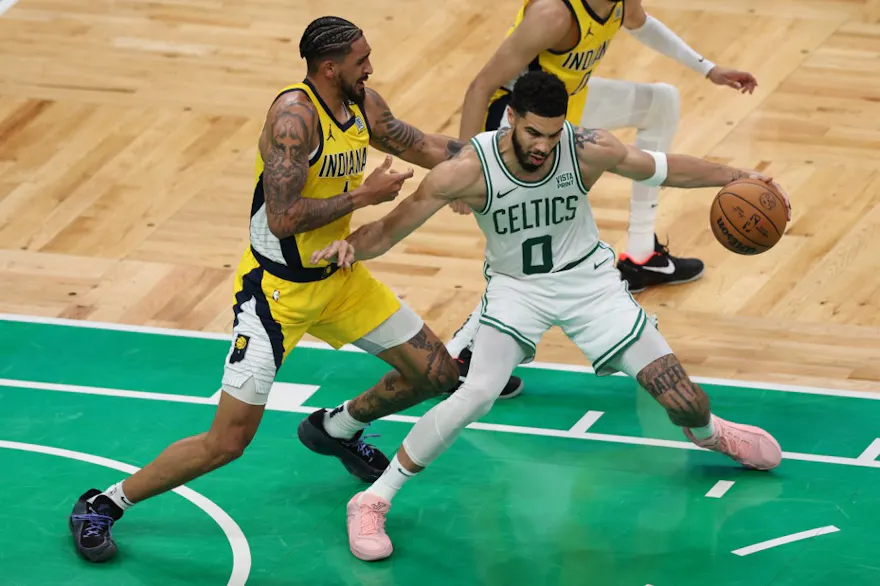Obi Toppin of the Indiana Pacers defends against Jayson Tatum of the Boston Celtics during Game 1 of the Eastern Conference Finals. We're breaking down the Jayson Tatum odds ahead of Game 2.