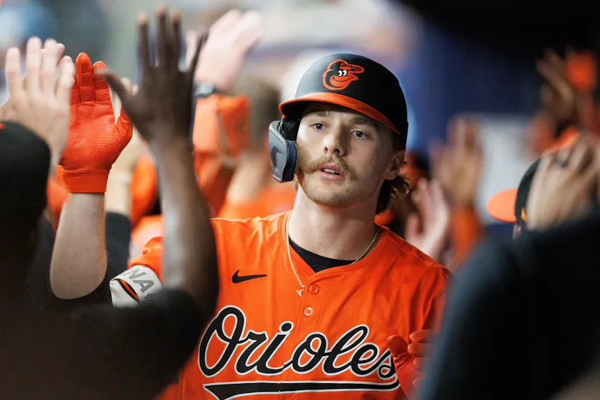Baltimore Orioles shortstop Gunnar Henderson celebrates after hitting a three-run home run against the Tampa Bay Rays in the ninth inning at Tropicana Field as we look at our home run props for Friday.