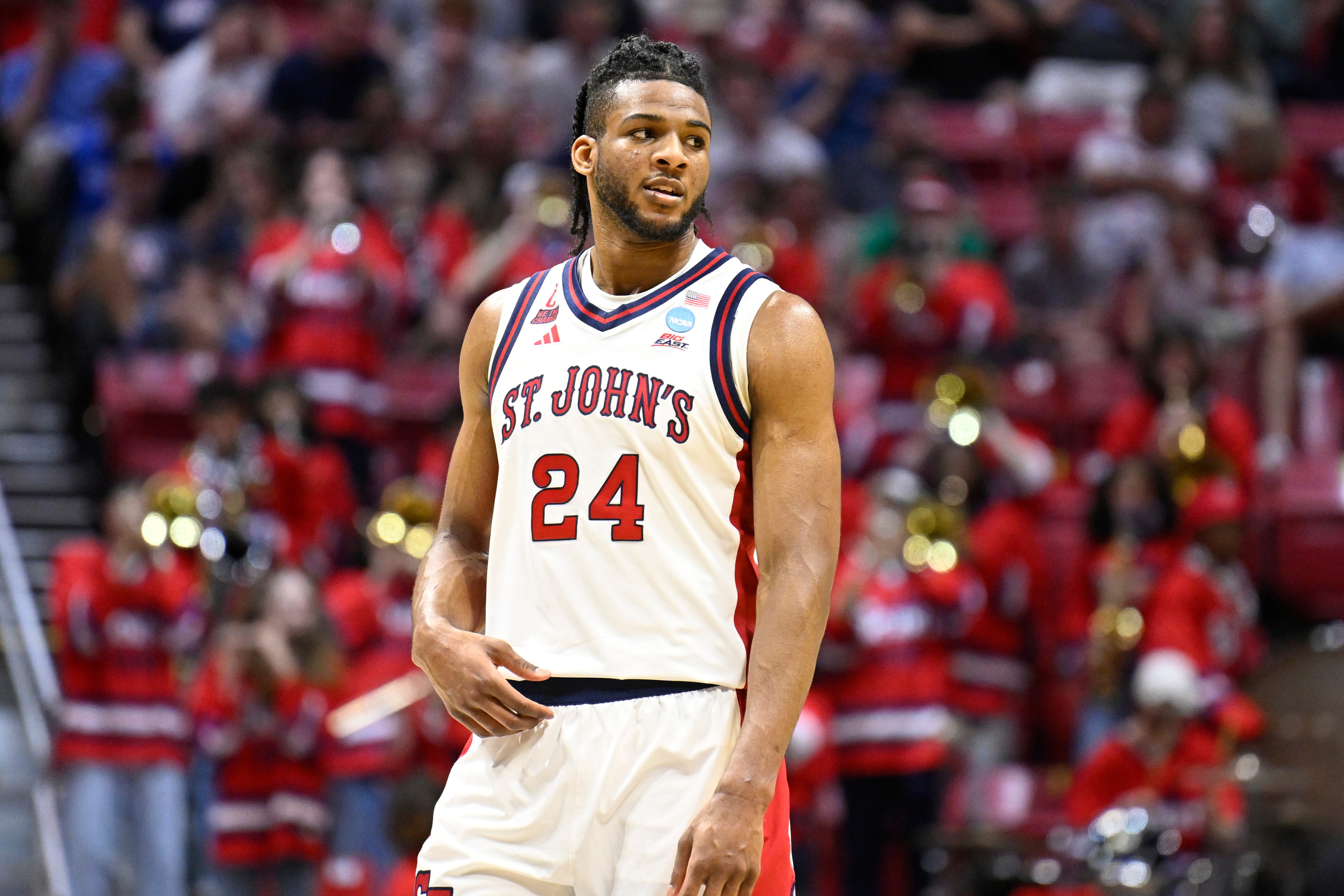 St. John's Red Storm forward Zuby Ejiofor (24), seen here looking on during a game, is featured in our St. John's vs. Duke prediction.