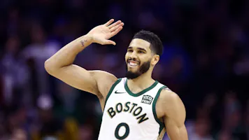 Jayson Tatum of the Boston Celtics reacts during the fourth quarter against the Philadelphia 76ers as we look at our Celtics-76ers promo code for Caesars.