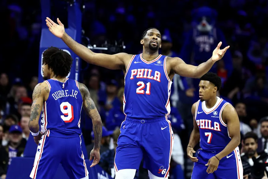 Joel Embiid of the Philadelphia 76ers reacts during the first quarter against the Oklahoma City Thunder at the Wells Fargo Center. We're backing Embiid in our Heat vs. 76ers Player Props & Odds. 
