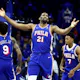 Joel Embiid of the Philadelphia 76ers reacts during the first quarter against the Oklahoma City Thunder at the Wells Fargo Center. We're backing Embiid in our Heat vs. 76ers Player Props & Odds. 