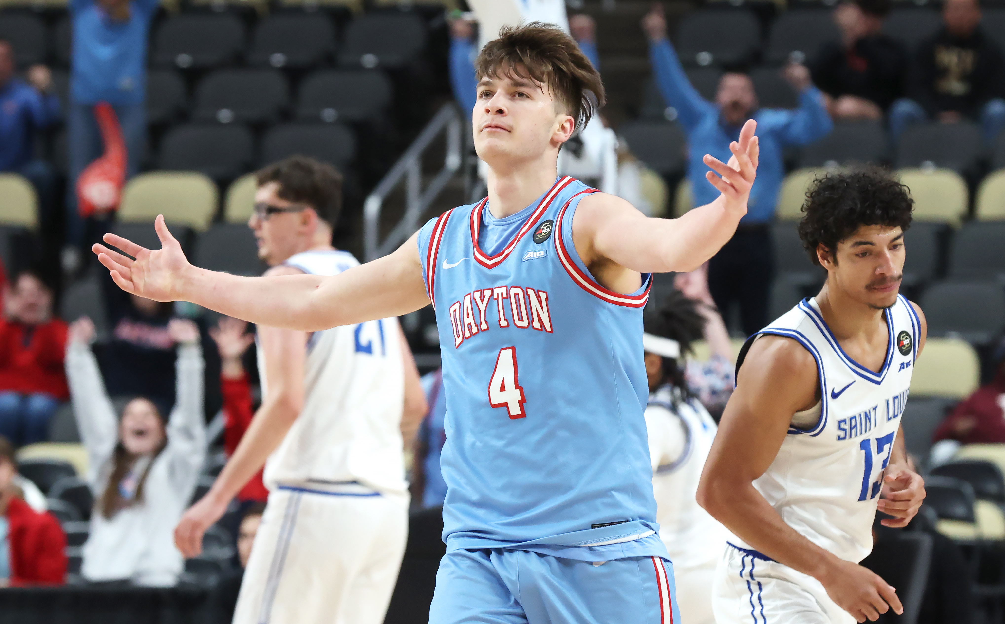 Dayton Flyers guard Jordan Derkack reacts as we make our best Illinois State vs. Dayton prediction & parlay