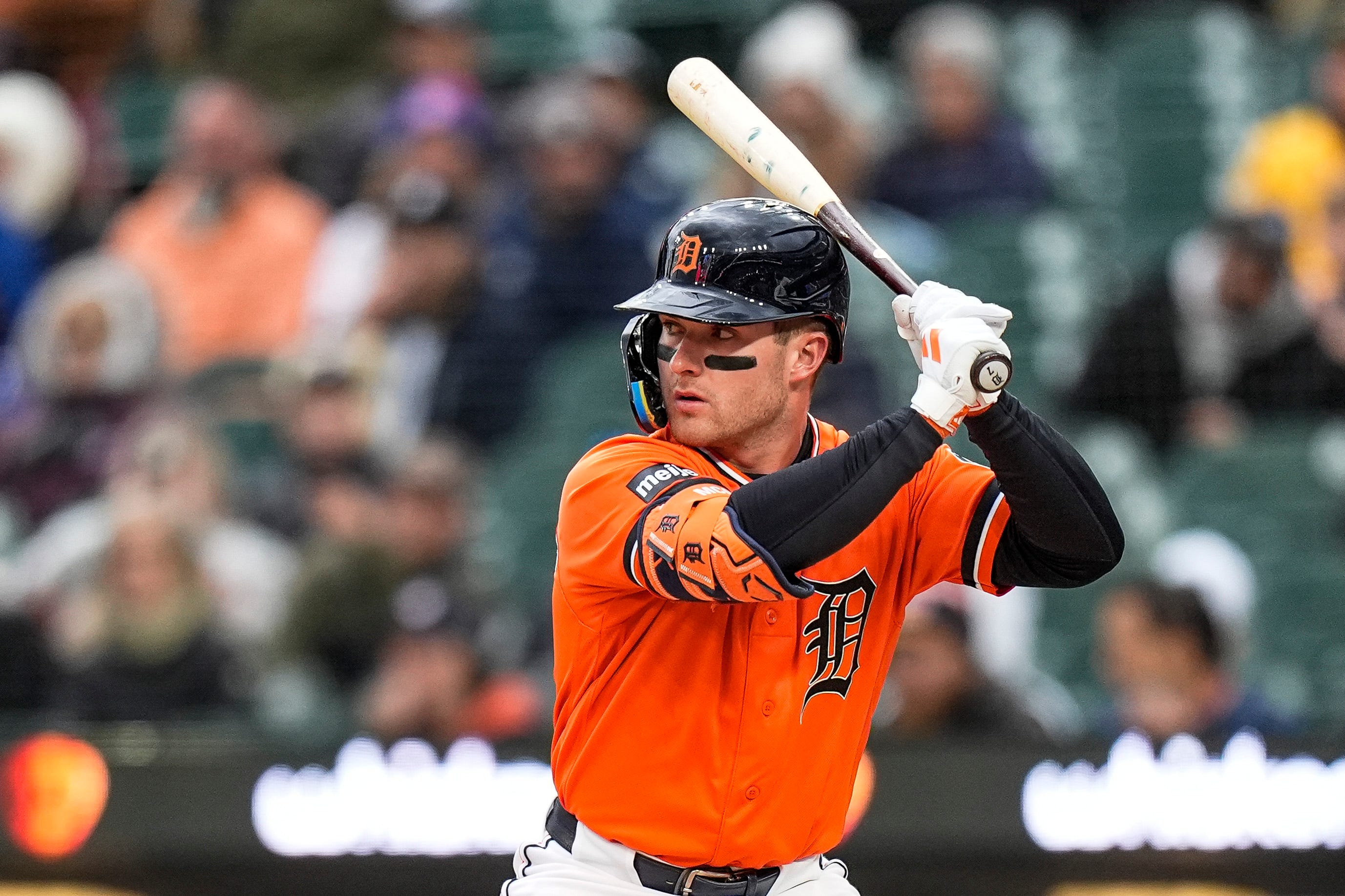 Detroit Tigers shortstop Kevin McGonigle (7), seen here batting during a game, is featured in our Rangers vs. Tigers prediction tonight.