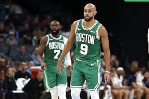 Pictured: Boston Celtics guard Derrick White (9) looks on as we offer our best NBA player prop bets today.