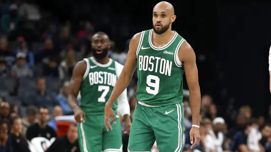 Pictured: Boston Celtics guard Derrick White (9) looks on as we offer our best NBA player prop bets today.