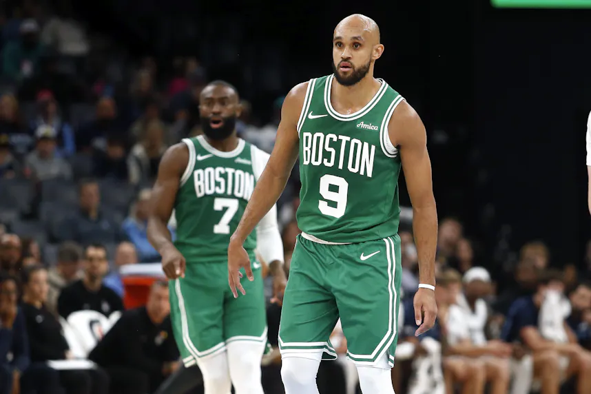 Pictured: Boston Celtics guard Derrick White (9) looks on as we offer our best NBA player prop bets today.
