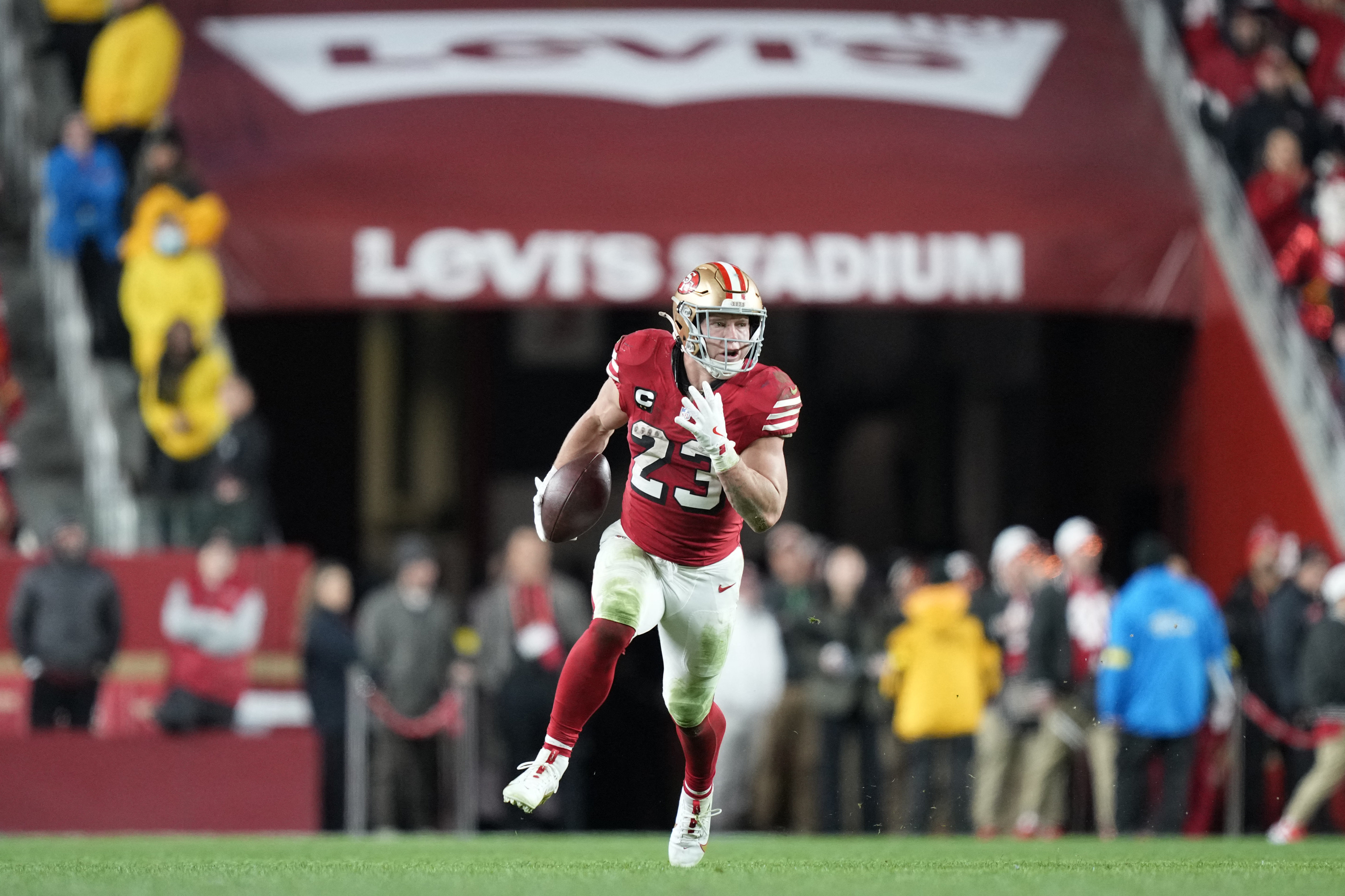 San Francisco 49ers running back Christian McCaffrey (23) runs as we break down our 49ers vs. Eagles same game parlay.