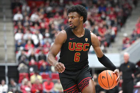 USC Trojans guard Bronny James controls the ball against the Washington State Cougars in the first half at Friel Court at Beasley Coliseum. The Lakers are the favorites to draft Bronny by the 2024 NBA Draft Odds. 