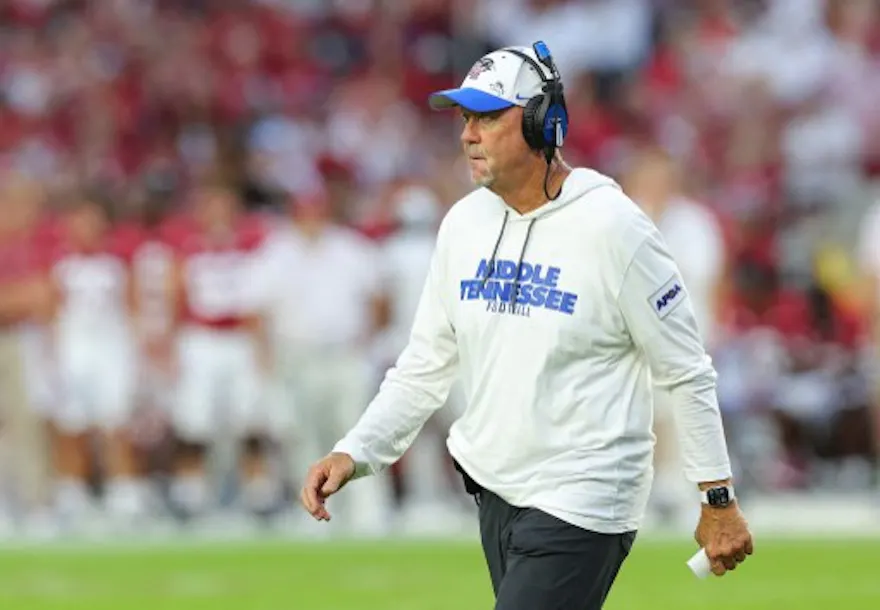 Head coach Rick Stockstill of the Middle Tennessee Blue Raiders looks on against the Alabama Crimson Tide as we look at our Middle Tennessee-Liberty predictions.