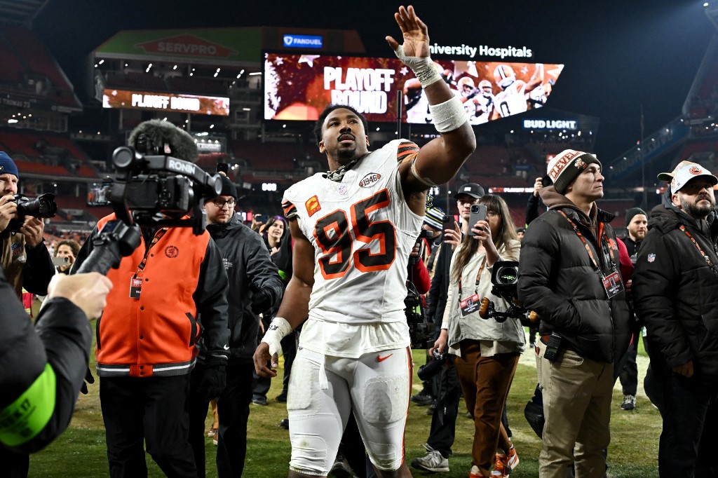 Myles Garrett of the Cleveland Browns celebrates after their win against the New York Jets, and we offer our top Browns vs. Texans predictions based on the best NFL odds.