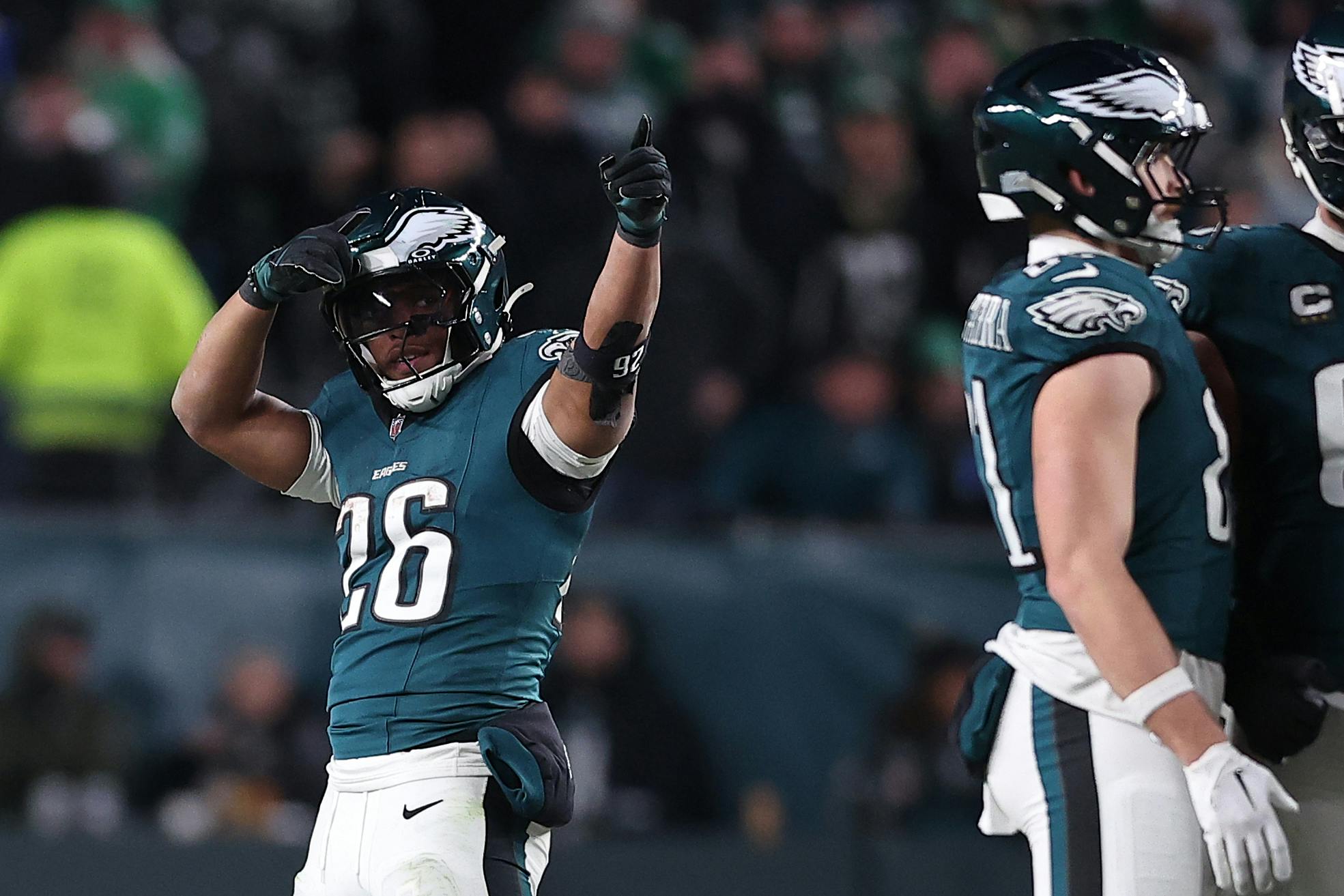 Philadelphia Eagles running back Saquon Barkley reacts as we offer our Super Bowl picks and the case for and against every NFL playoff team to win the Super Bowl entering the NFL Divisional Round.