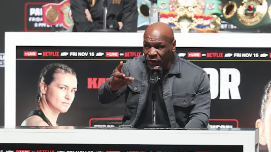 Mike Tyson speaks to the media as we offer our bet365 bonus code for Tyson vs. Paul.