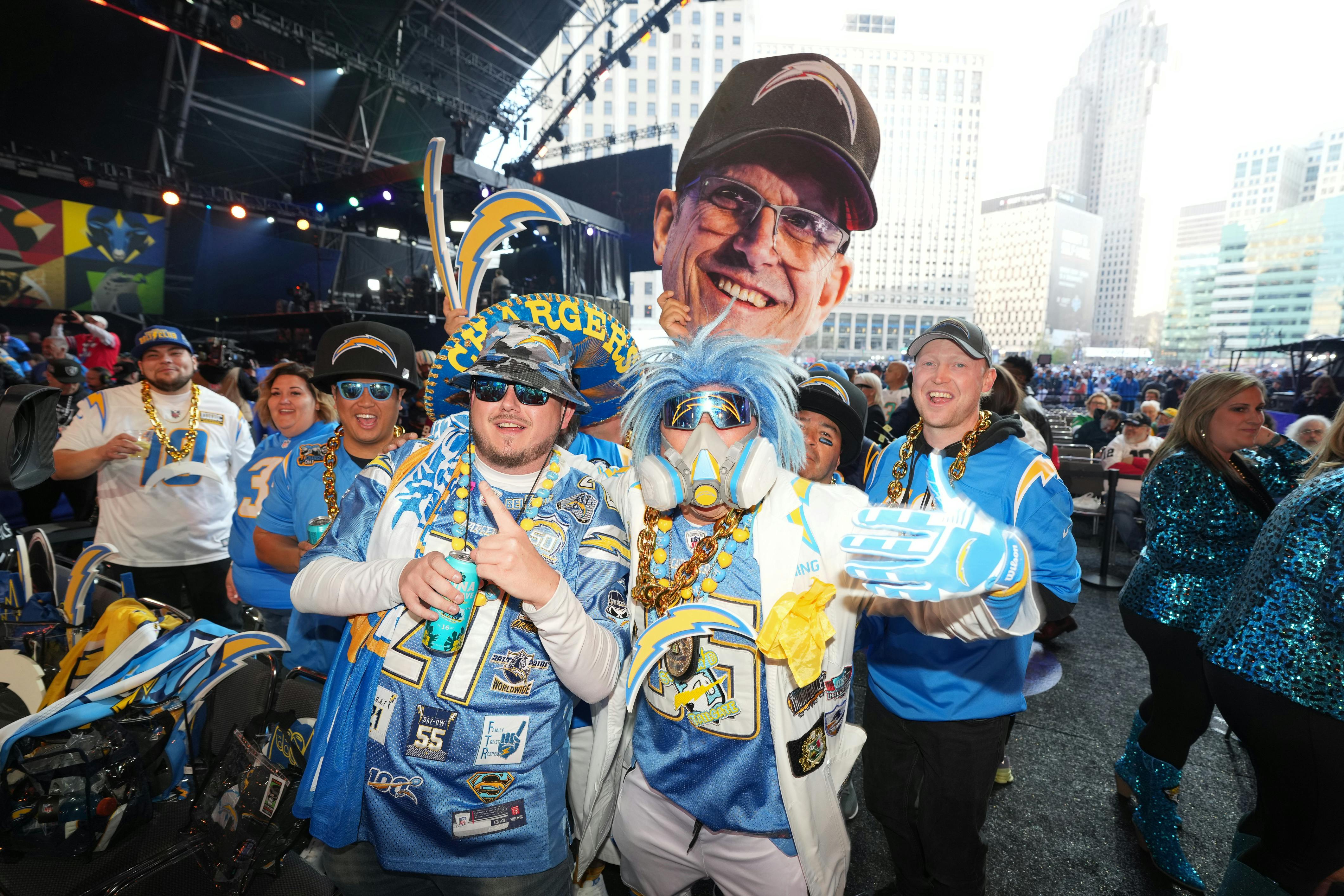 Los Angeles Chargers fans pose for a photograph during the 2024 NFL Draft.