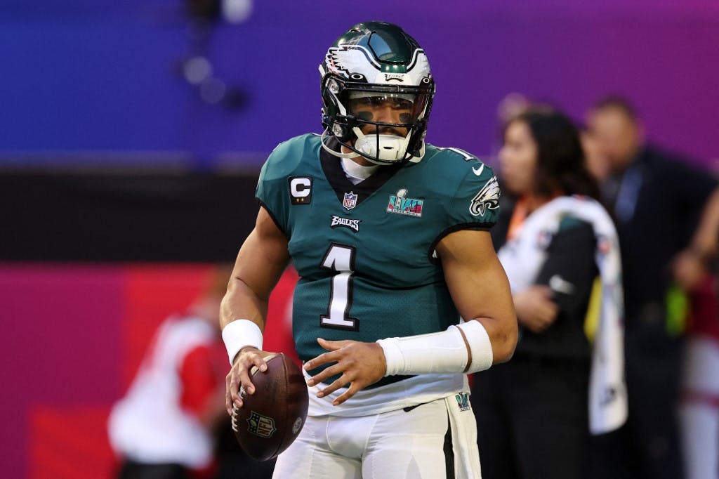 GLENDALE, ARIZONA - FEBRUARY 12: Jalen Hurts #1 of the Philadelphia Eagles warms up before playing against the Kansas City Chiefs in Super Bowl LVII at State Farm Stadium on February 12, 2023 in Glendale, Arizona.