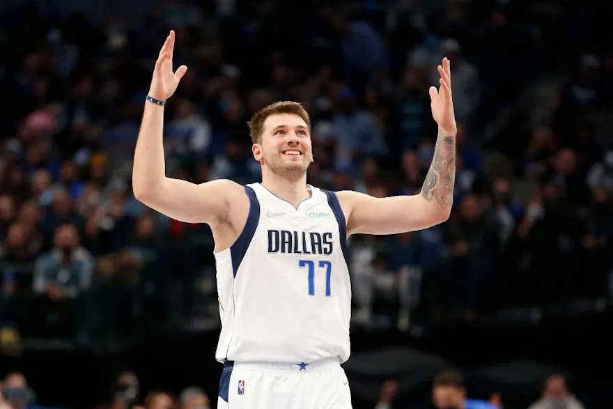Luka Doncic of the Dallas Mavericks reacts after making a basket against the Toronto Raptors.