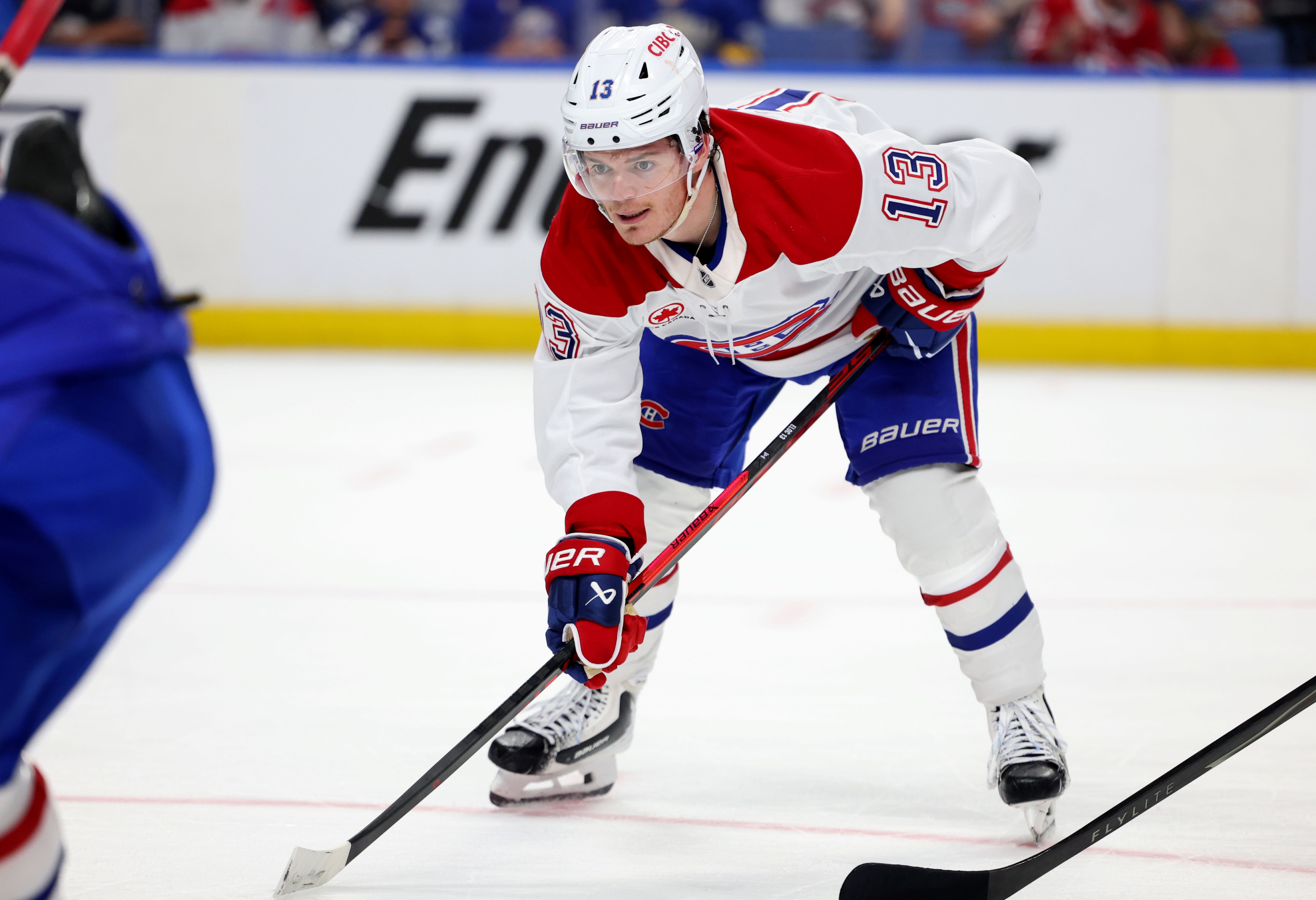 Montreal Canadiens right wing Cole Caufield waits for the faceoff, and he's featured in our anytime goal scorer predictions.