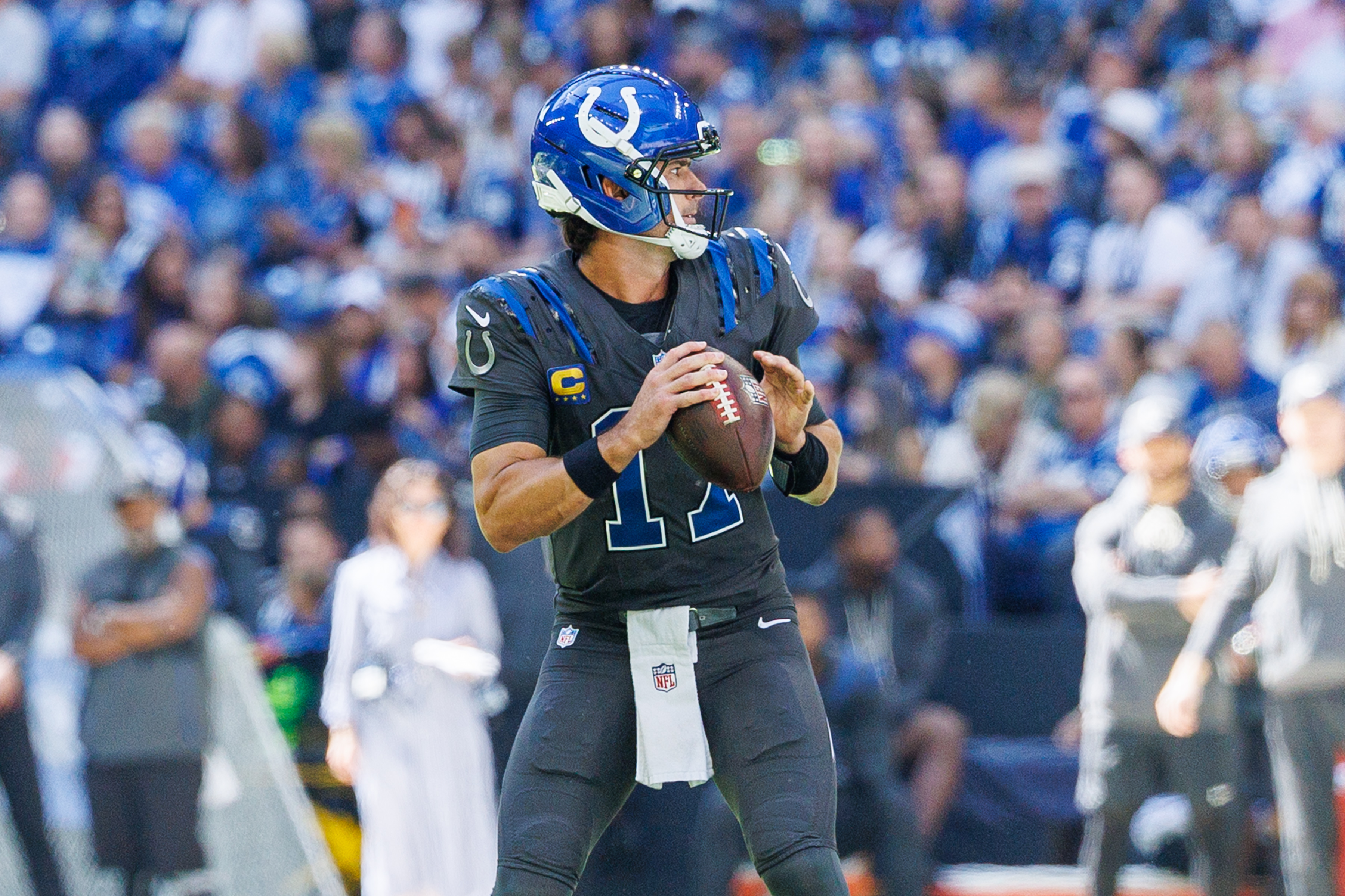 Indianapolis Colts quarterback Daniel Jones (17) passes the ball as we break down our Titans vs. Colts prediction.