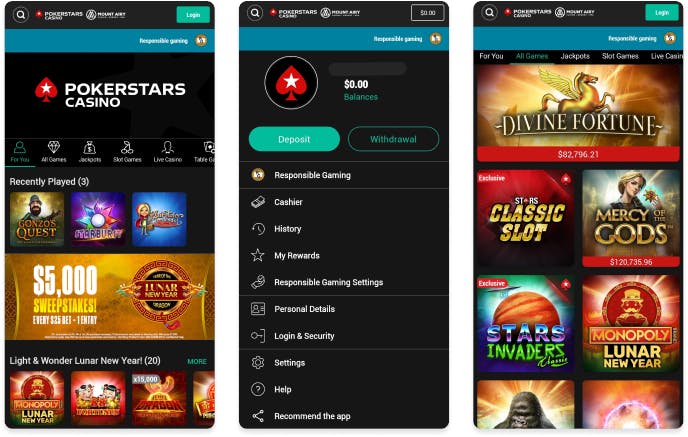 Screenshot of PokerStars Casino mobile app.