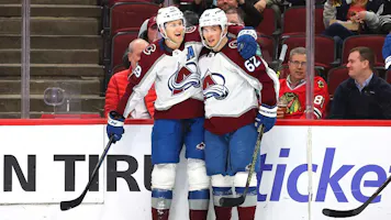 Nathan MacKinnon of the Colorado Avalanche celebrates with Artturi Lehkonen after scoring a goal against the Chicago Blackhawks as we look at our Jets vs. Avalanche.