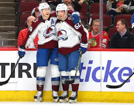 Nathan MacKinnon of the Colorado Avalanche celebrates with Artturi Lehkonen after scoring a goal against the Chicago Blackhawks as we look at our Jets vs. Avalanche.