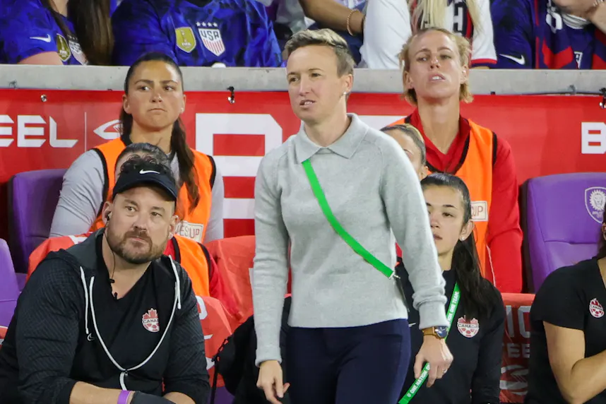 Canada head coach Bev Priestman looks on during the second half against the USA as we offer our best France vs. Canada bets for the women's Olympic Group A soccer tilt.