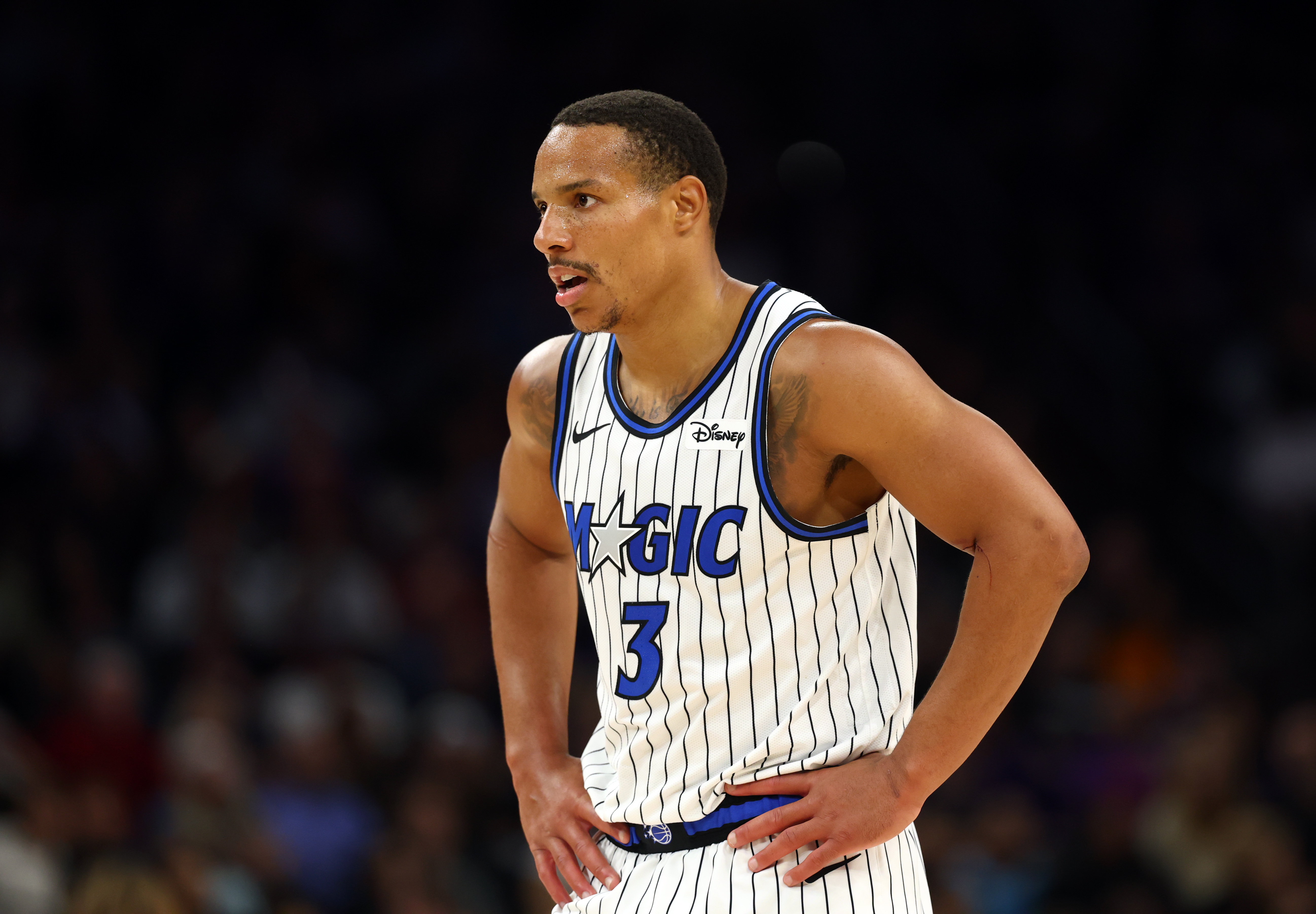 Orlando Magic guard Desmond Bane (3), seen here looking on during a game, is featured in our Magic vs. Timberwolves player props today.