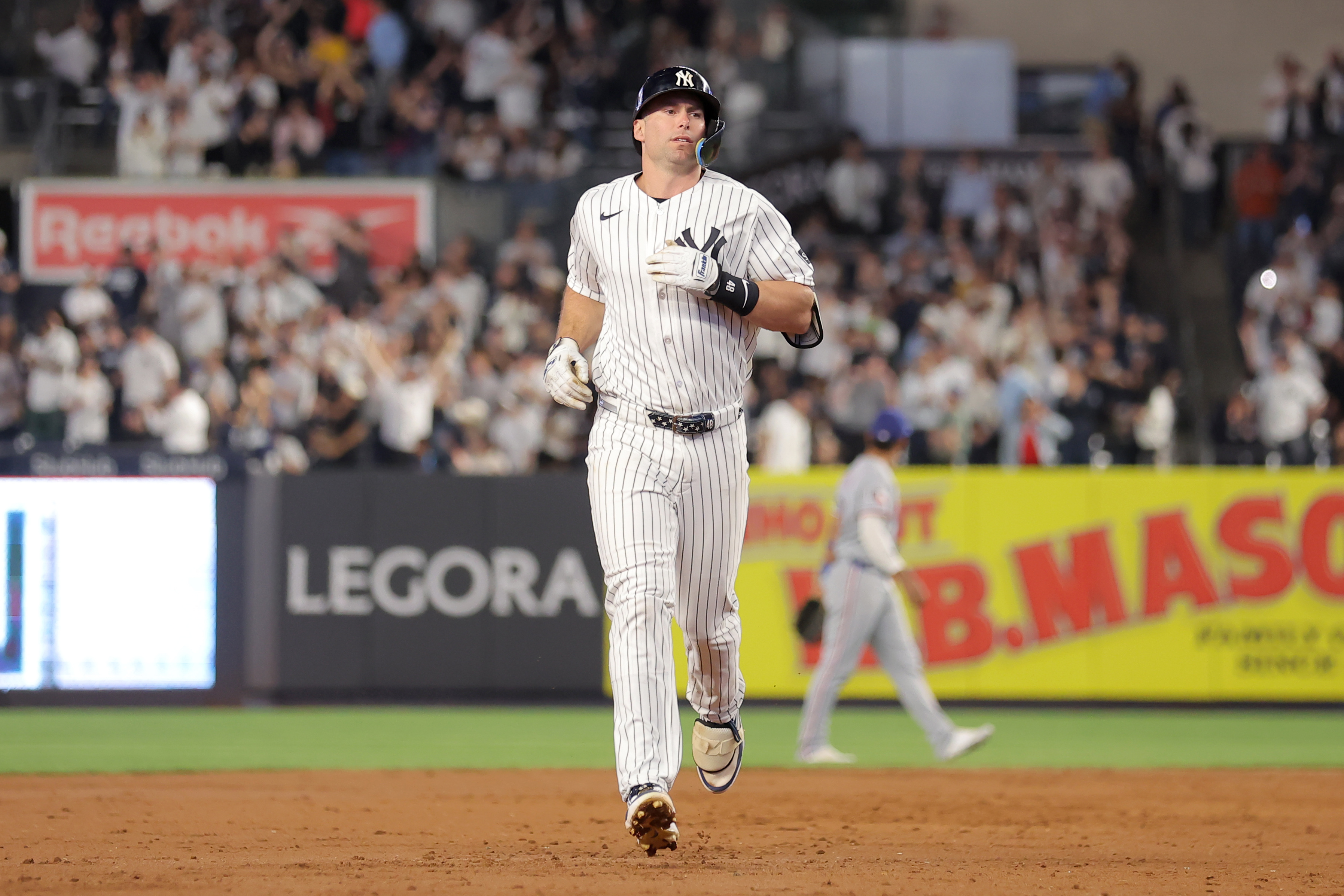 New York Yankees first baseman Paul Goldschmidt (48) rounds the bases after hitting a solo home run as he is featured in our home run predictions today.