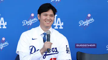 Shohei Ohtani of the Los Angeles Dodgers speaks to the media at Dodger Stadium, and we're looking at the best MVP odds after Shohei Ohtani and Ronald Acuna Jr. won in 2023. 