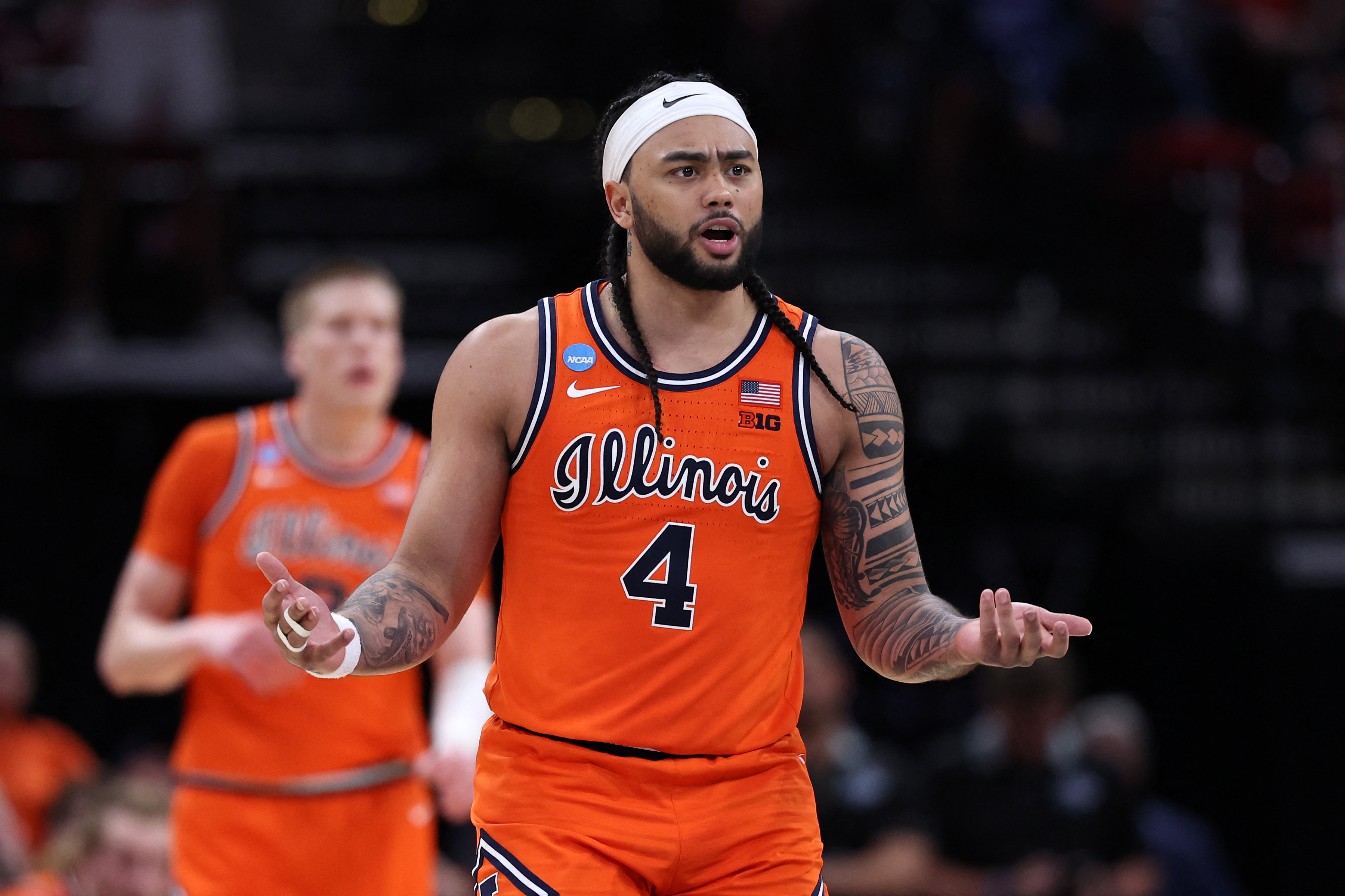 Illinois Fighting Illini guard Kylan Boswell (4) reacts as we break down our Illinois vs. UConn same-game parlay.