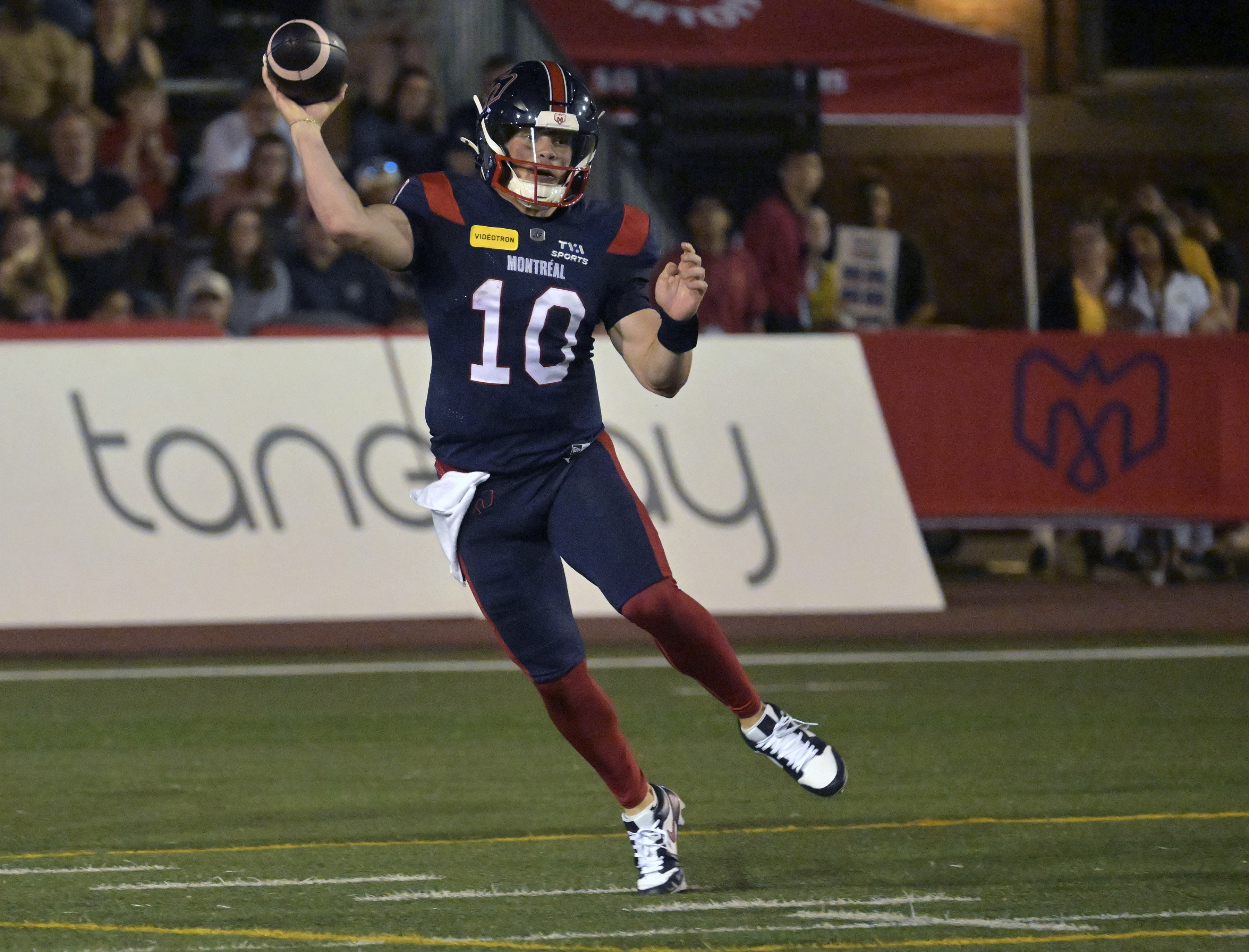 Montreal Alouettes quarterback Davis Alexander (10) passes the ball at Percival Molson Memorial Stadium as we break down our Blue Bombers vs. Alouettes prediction.