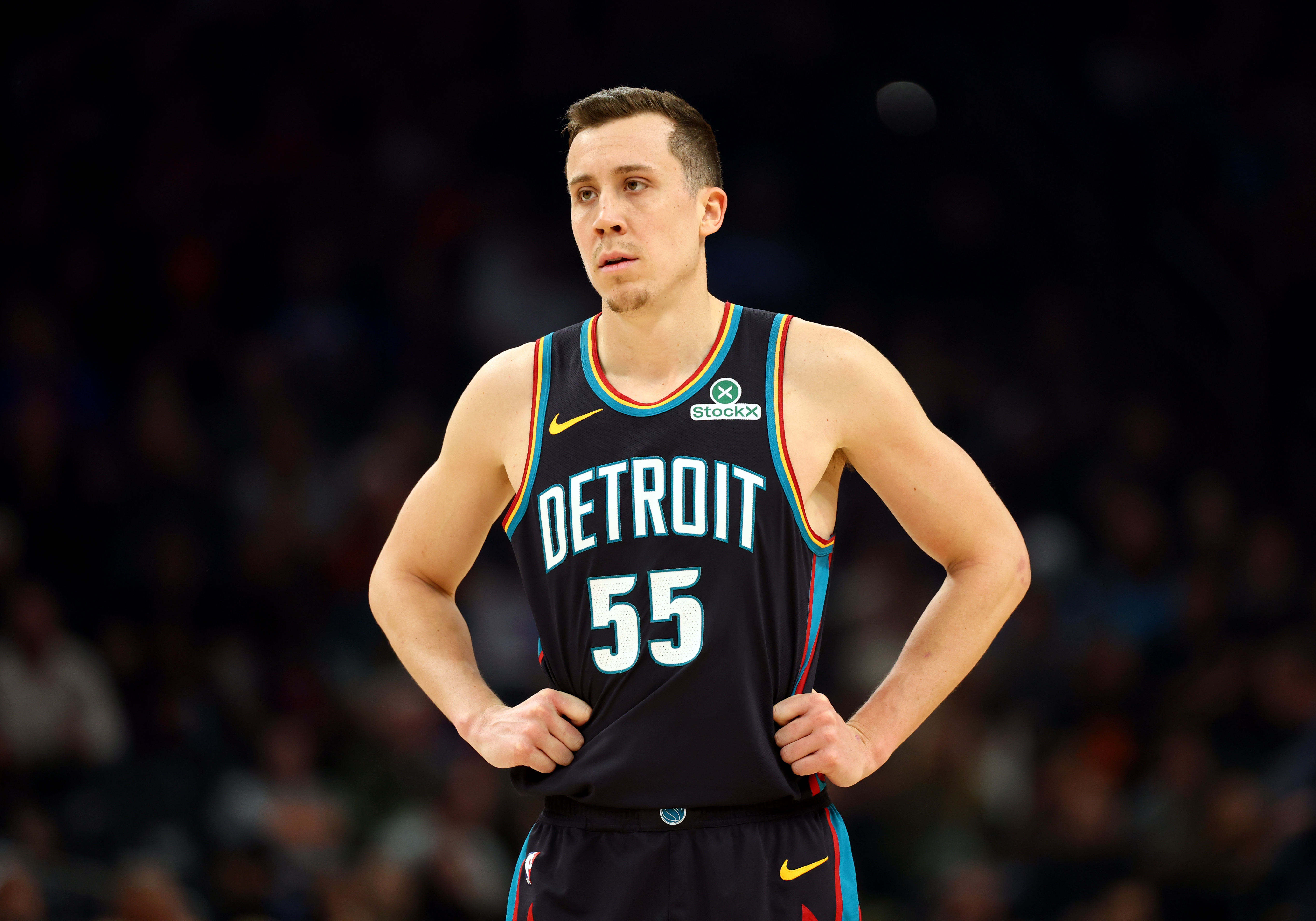 Detroit Pistons forward Duncan Robinson (55), seen here looking on during a game, is featured in our Pistons vs. Cavaliers player props for Game 4 tonight.