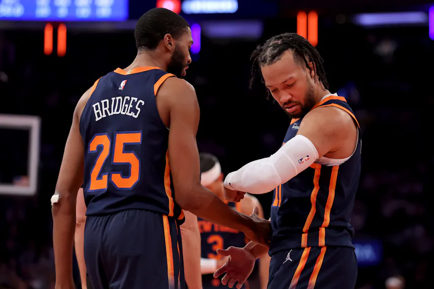 New York Knicks guard Jalen Brunson reacts after a basket and a foul as we make our favorite Knicks vs. Raptors player prop picks for tonight.