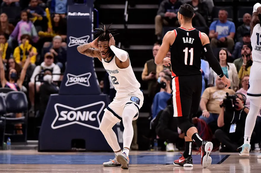 Ja Morant of the Memphis Grizzlies reacts after a call during the second half against the Portland Trail Blazers at FedExForum in Memphis, Tennessee. Photo by Justin Ford/Getty Images via AFP.