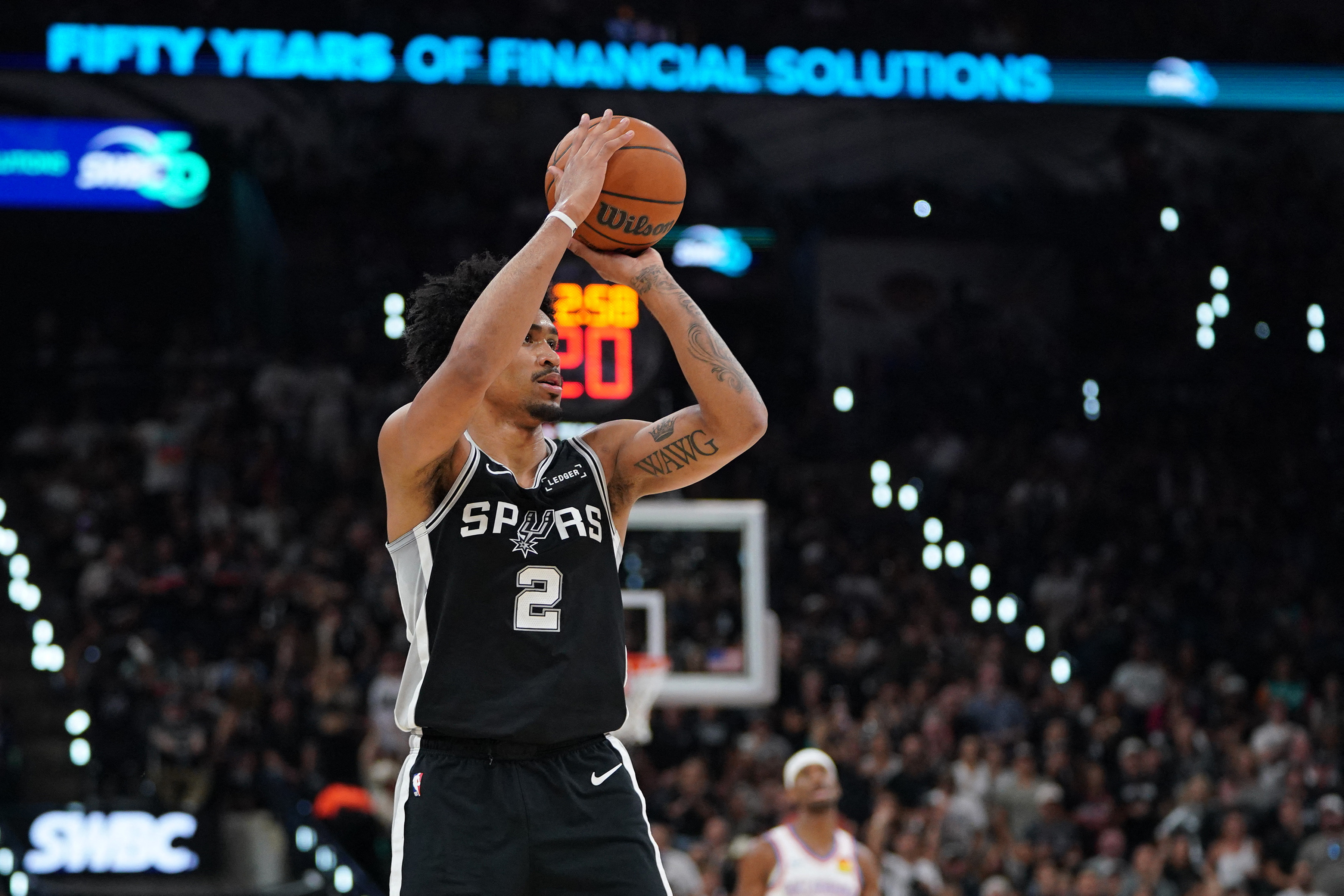 San Antonio Spurs guard Dylan Harper (2) shoots the ball as we break down our NBA Play of the Day.