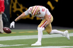 George Kittle of the San Francisco 49ers spikes the ball after a touchdown as we look at the details of the Circa Survivor and Circa Million contest for the 2024 NFL season