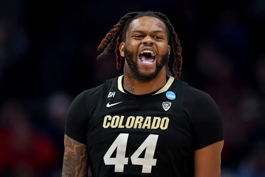 Eddie Lampkin Jr. #44 of the Colorado Buffaloes reacts as we make our Colorado vs. Florida prediction and player prop picks for the first round of the NCAA Tournaent on Friday.