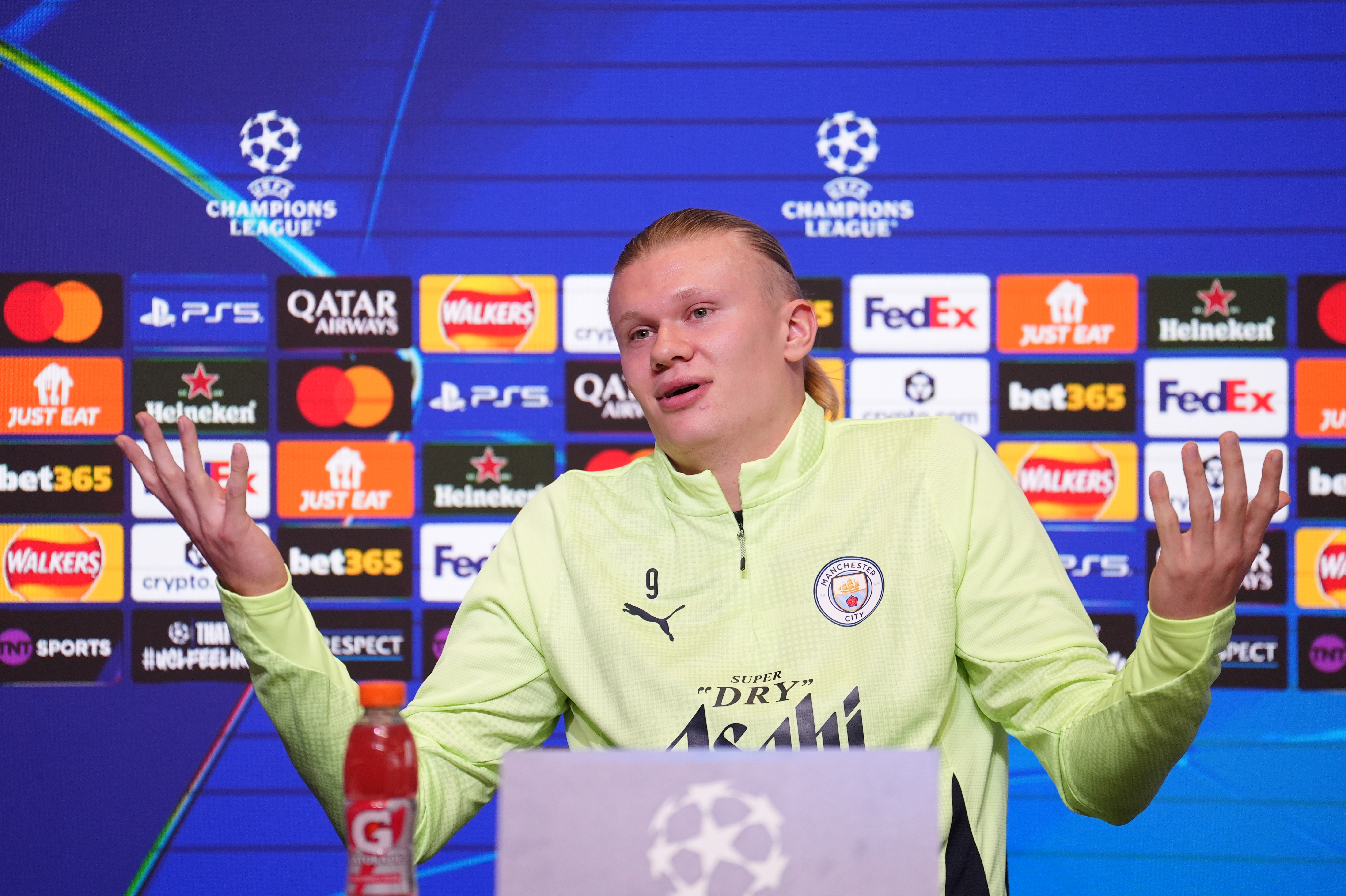Manchester City's Erling Haaland during a press conference as we make our Man City vs. Borussia Dortmund prediction.