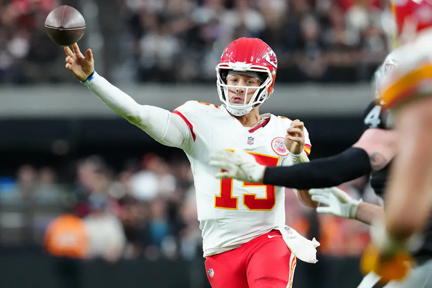 Kansas City Chiefs quarterback Patrick Mahomes makes a pass attempt against the Las Vegas Raiders as we offer our Mahomes player props for MNF.