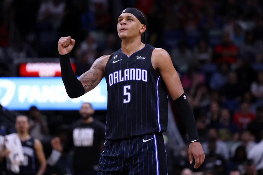 Paolo Banchero of the Orlando Magic celebrates during the second half against the New Orleans Pelicans, and we offer our top Thunder vs. Magic player props based on the best NBA odds.
