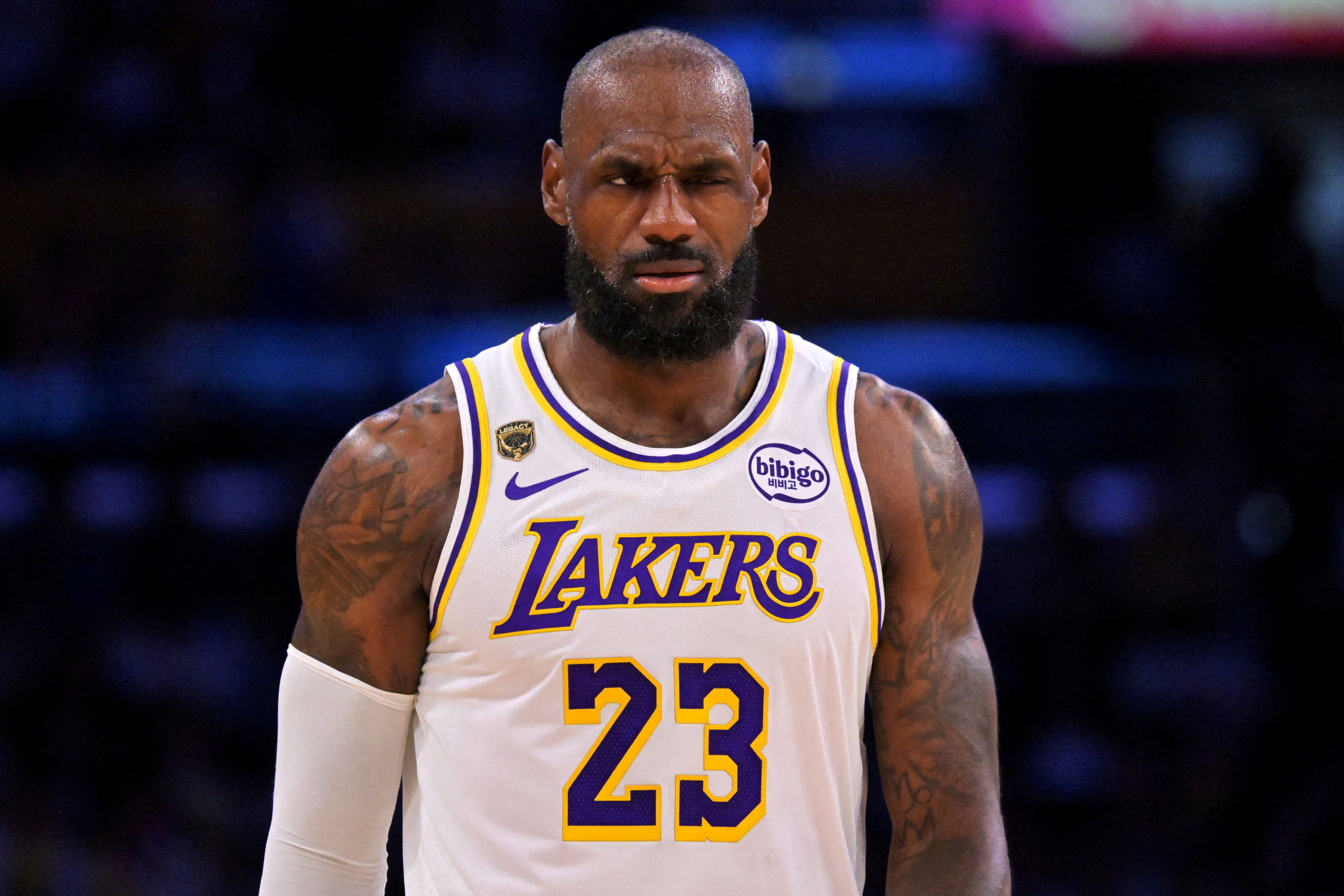 Los Angeles Lakers forward LeBron James (23), seen here reacting during a game, is featured in our NBA player props today.