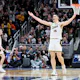 Zach Edey of the Purdue Boilermakers celebrates a basket against the Utah State Aggies during the second round of the NCAA Men's Basketball Tournament. Edey is the favorite by the March Madness MVP odds.