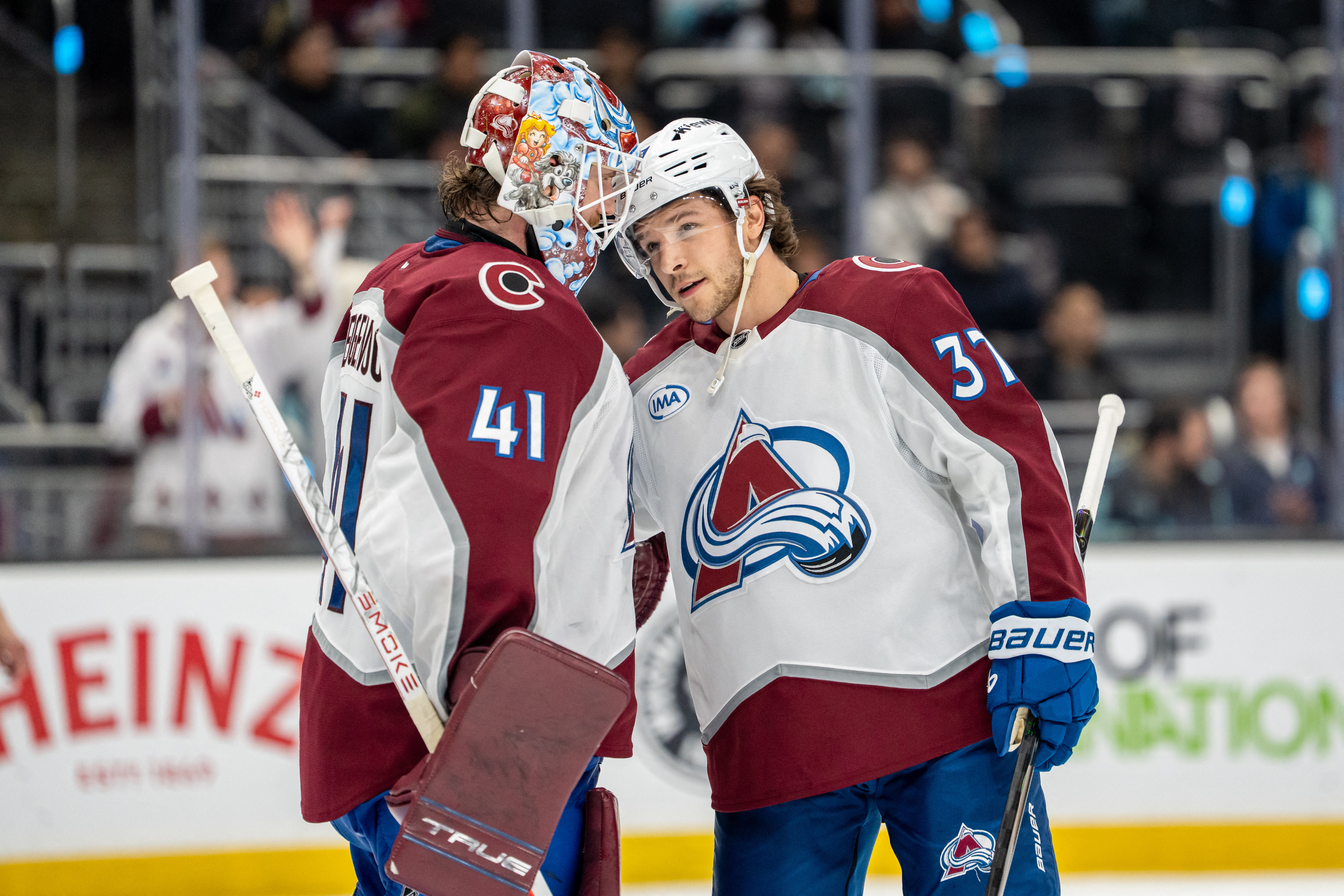 Colorado Avalanche goalie Scott Wedgewood nd Colorado Avalanche defenseman Brett Kulak celebrate as we make our best Penguins vs. Avalanche prediction.