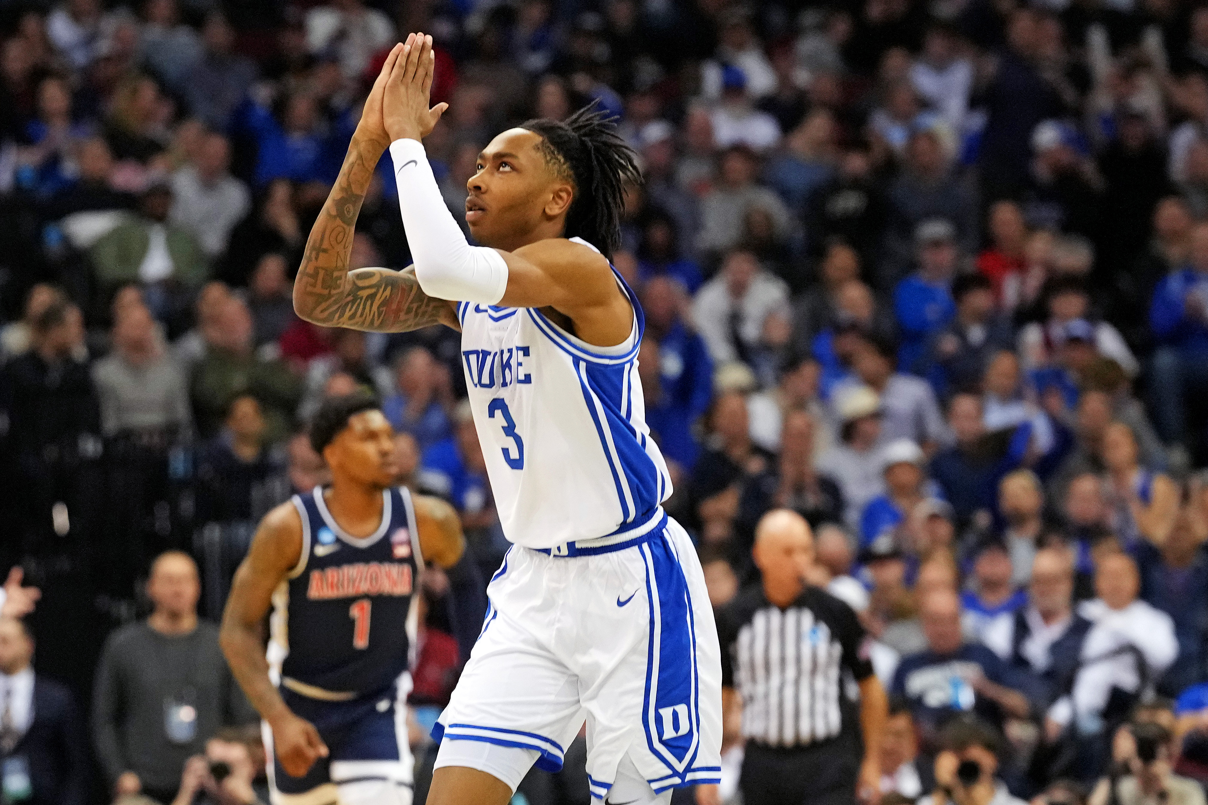 Duke Blue Devils guard Isaiah Evans (3) reacts after a play as we break down our best college basketball player prop bets tonight.