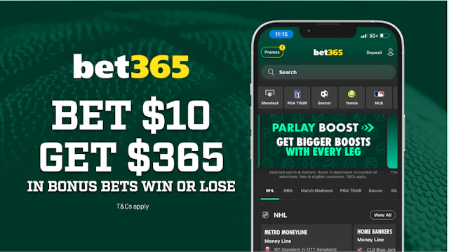 bet365 promo text 'bet $10 get $365 in bonus bets win or lose' beside a mobile phone showing the bet365 app.