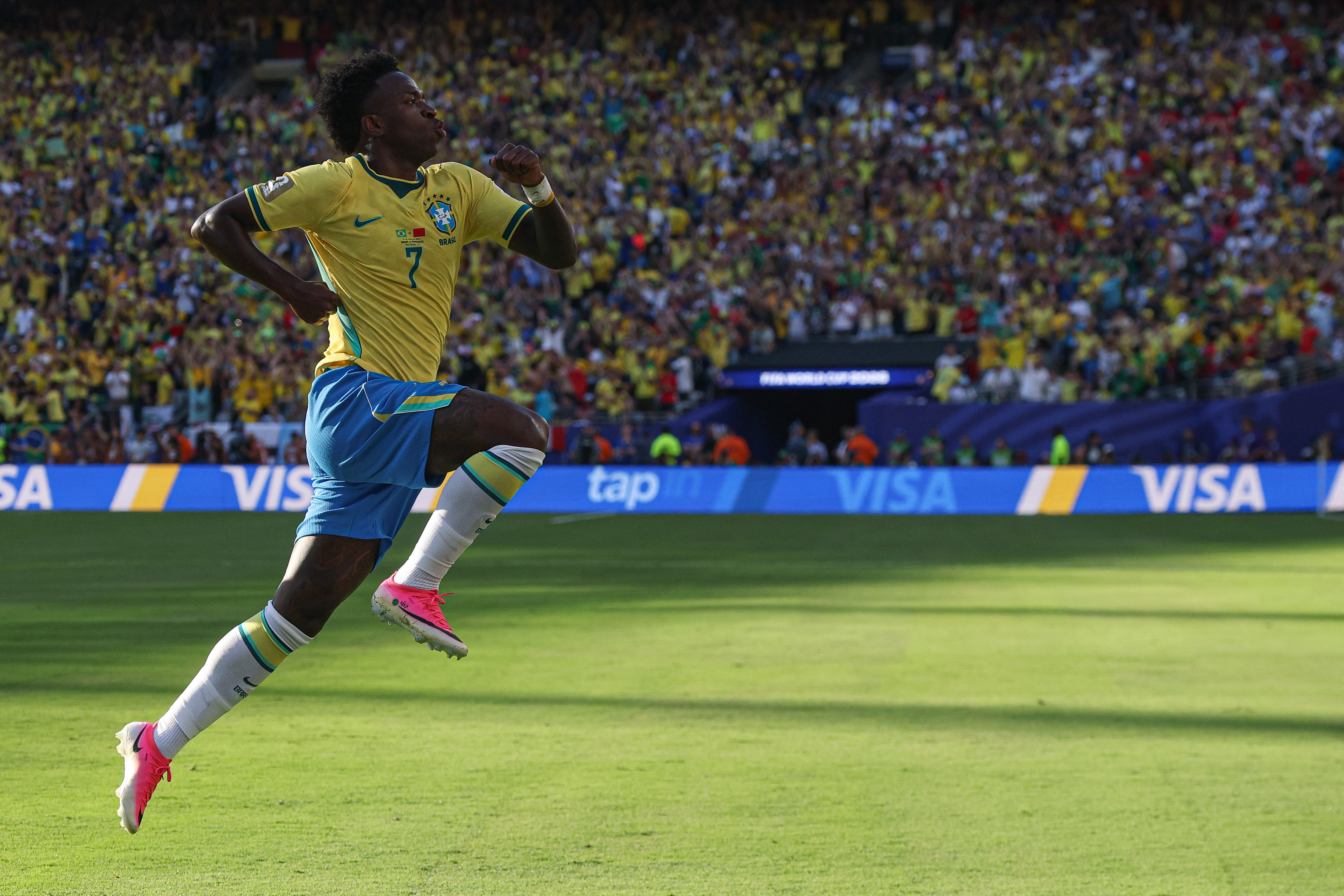 Brazil forward Vinicius Junior (7) celebrates scoring as we break down our Brazil vs. Haiti prediction.